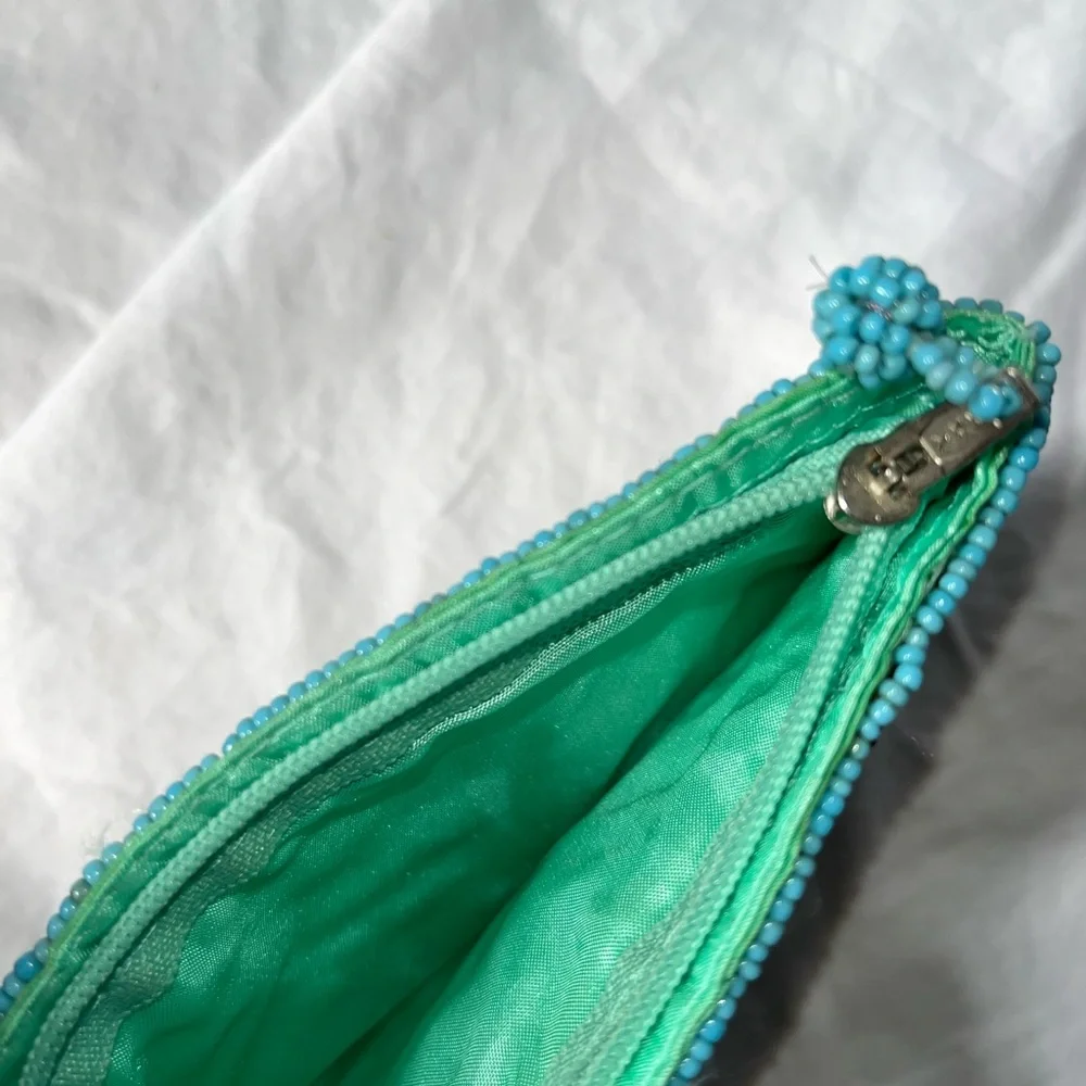 Beaded Turquoise White & Gold Wristlet Clutch